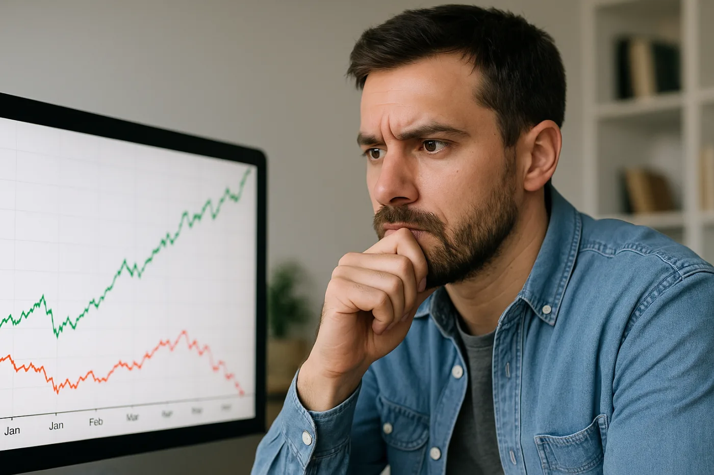 A man with a serious, contemplative expression sits in front of a computer monitor displaying two line graphs—one rising sharply in green and the other declining in red. He rests his chin on his hand, appearing to analyze or reflect on market performance or investment decisions.